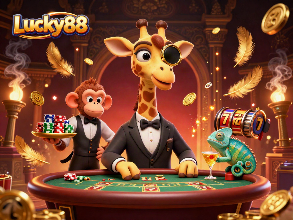 Engage in thrilling gameplay with Lucky88, featuring vibrant 3D characters and dynamic casino elements.
