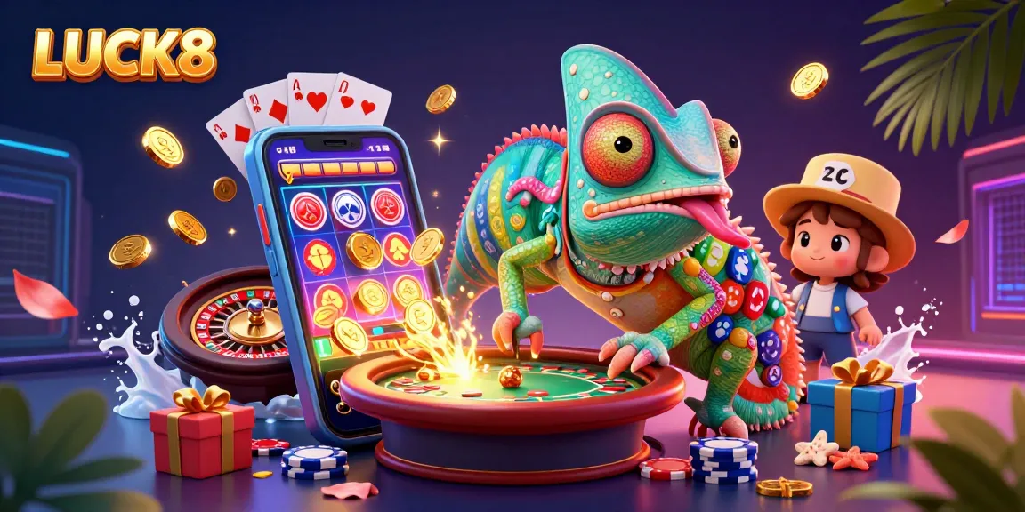 LUCK8 chameleon casino owner catches golden coins in a vibrant 3D gaming scene.