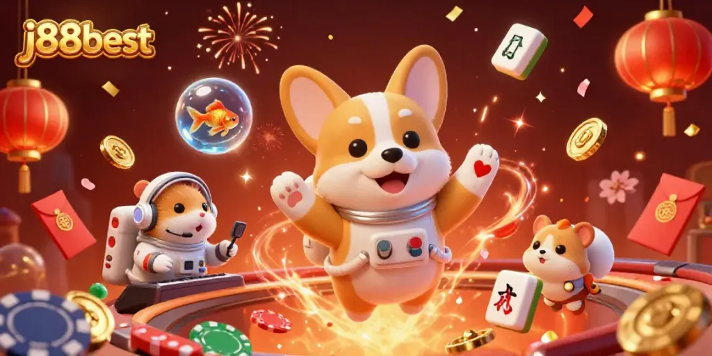 Experience thrilling games at j88best in a vibrant 3D casino scene with floating coins and characters.