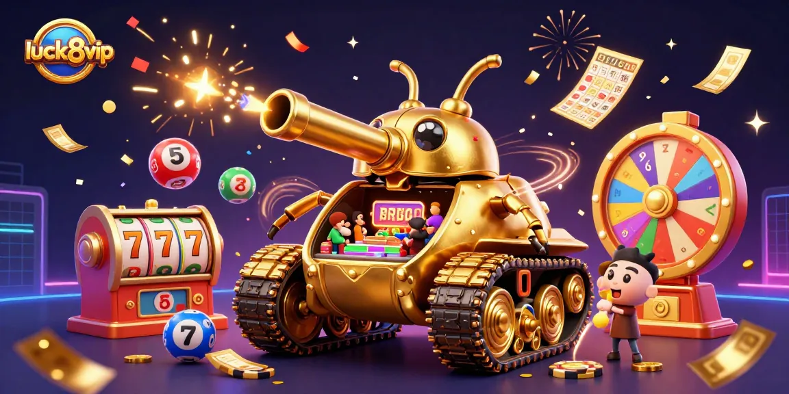 Experience the thrilling luck8vip casino action with a golden beetle tank shooting confetti and coins!