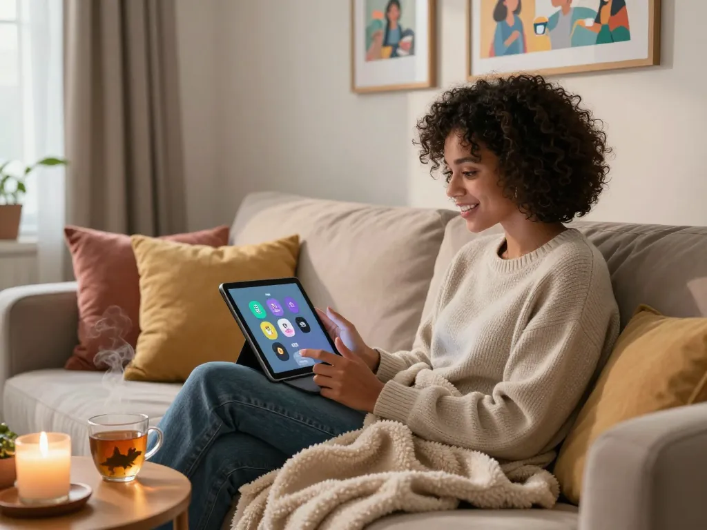 Engaging in intimate 18+ AI conversations in a cozy room.