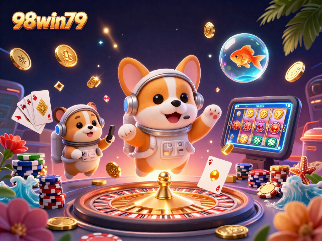 Wager thrillingly with 98win79 as the astronaut corgi joyfully plays in an ultra-detailed casino scene.