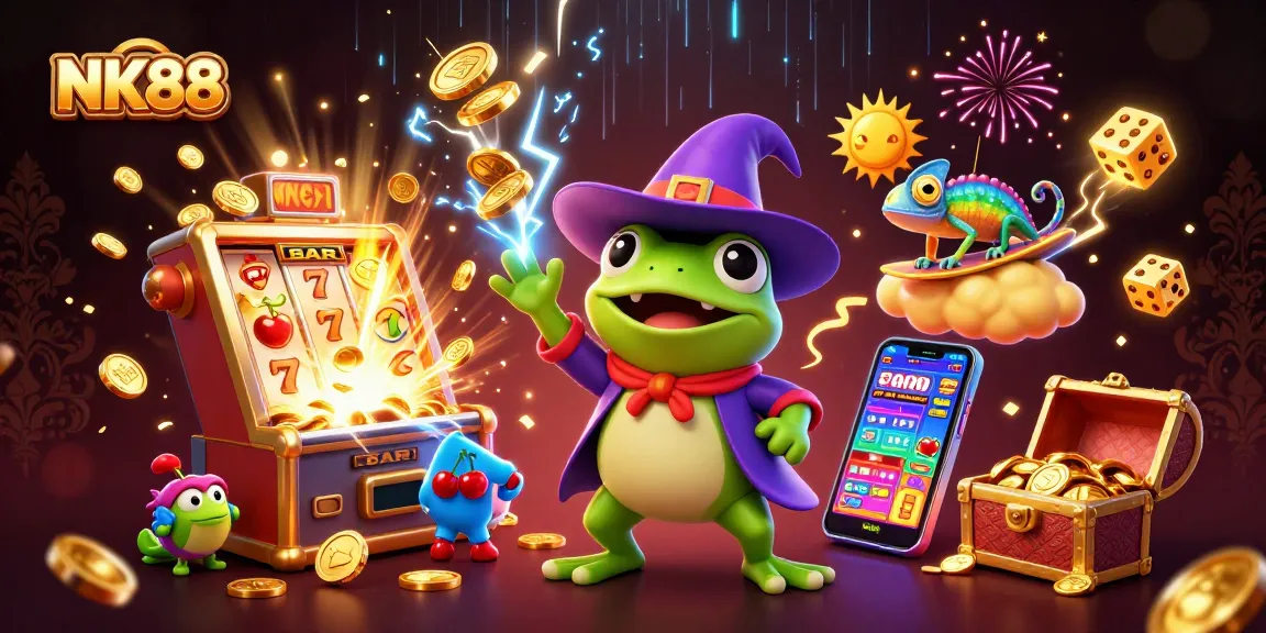 Experience thrilling wins at NK88 with a vibrant scene of magical creatures and casino excitement.
