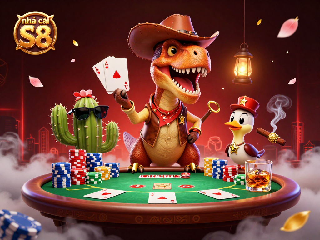 Experience the thrill of gaming at nhà cái S8 with a colorful scene of action-packed poker and playful characters.