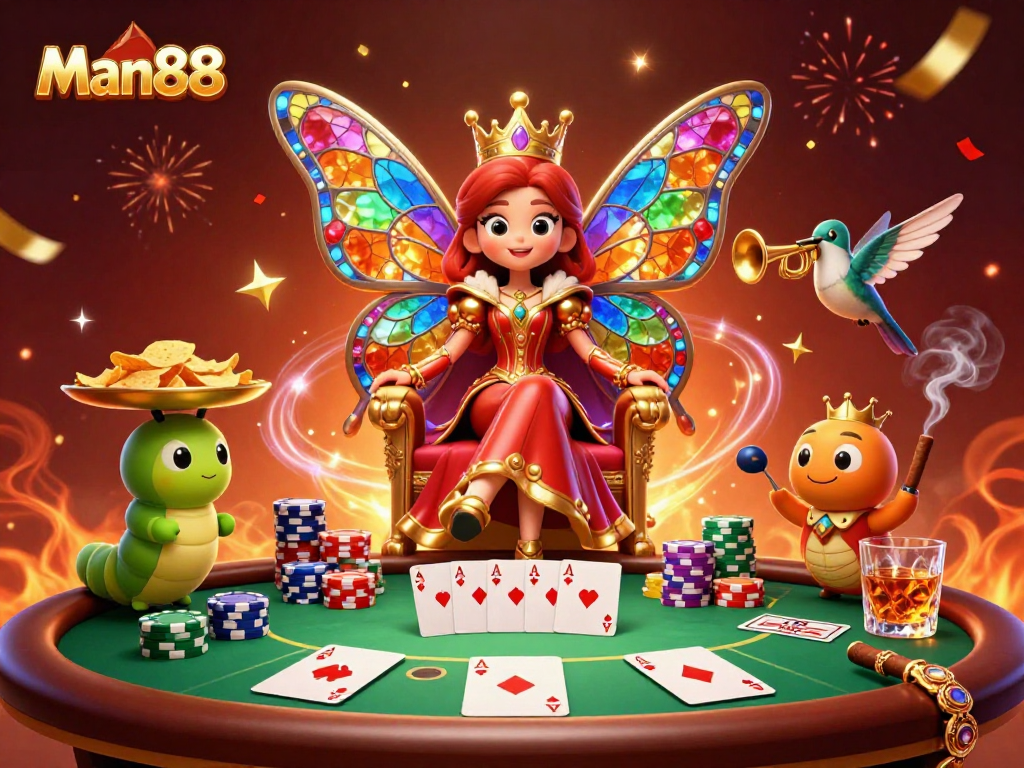 Win big at Man88 with vibrant casino action featuring a butterfly queen and colorful poker elements.