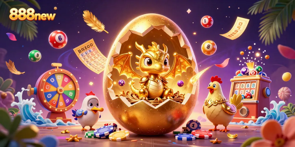 Engage in thrilling wins at 888new with a golden dragon, poker chips, and vibrant lottery elements.