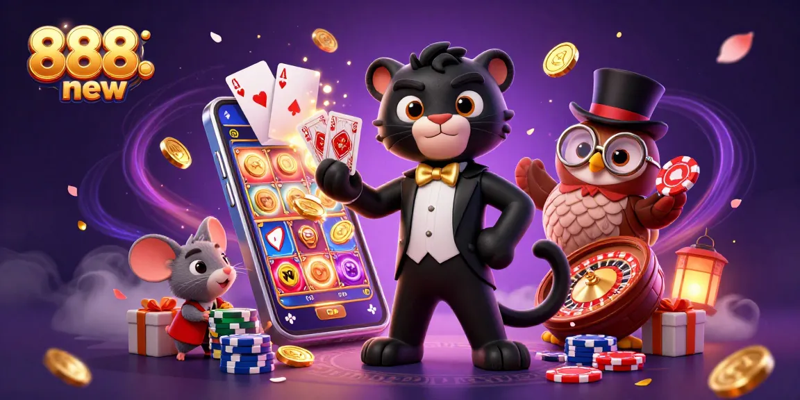 Join the excitement at 888new with a dynamic scene featuring fantastic characters and casino elements.