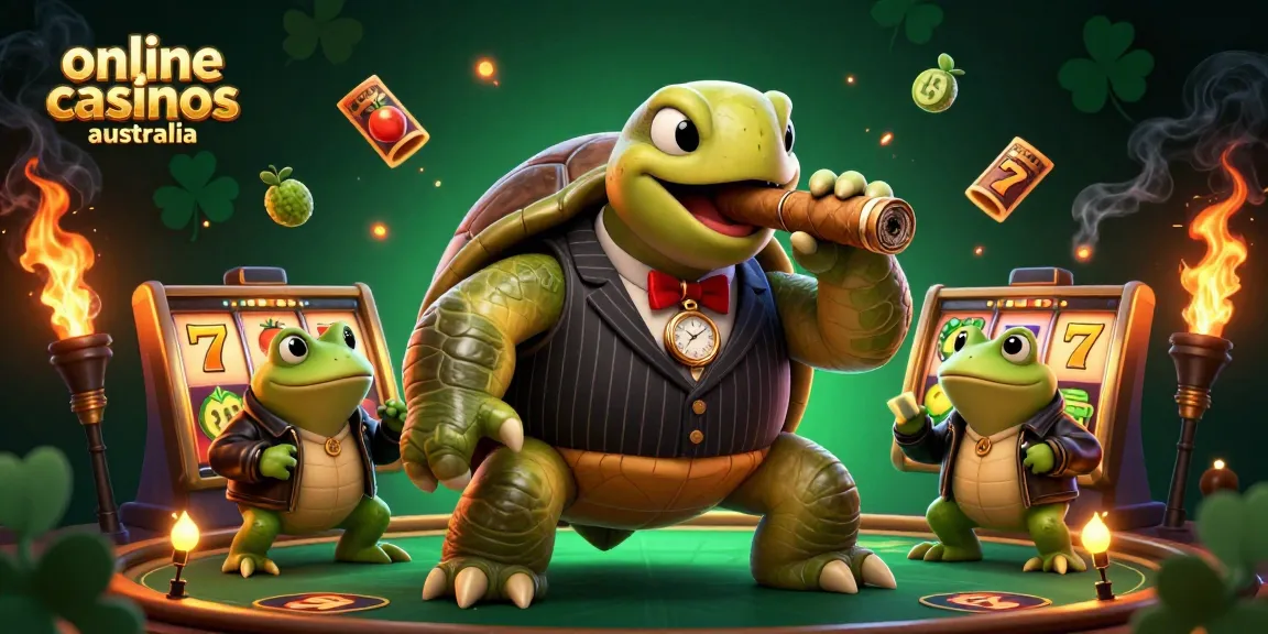 Experience the excitement of online casinos Australia with our vibrant 3D cartoon illustration featuring a mobster turtle and engaging gaming elements.