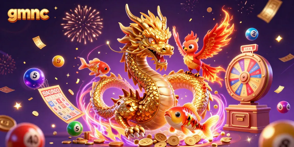 Experience the excitement of gmnc with a dynamic casino-themed 3D illustration featuring a dragon, phoenix, and koi fish.
