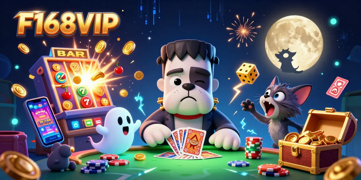 Engage with F168VIP’s lively casino scene featuring a whimsical Frankenstein bulldog and ghostly games.