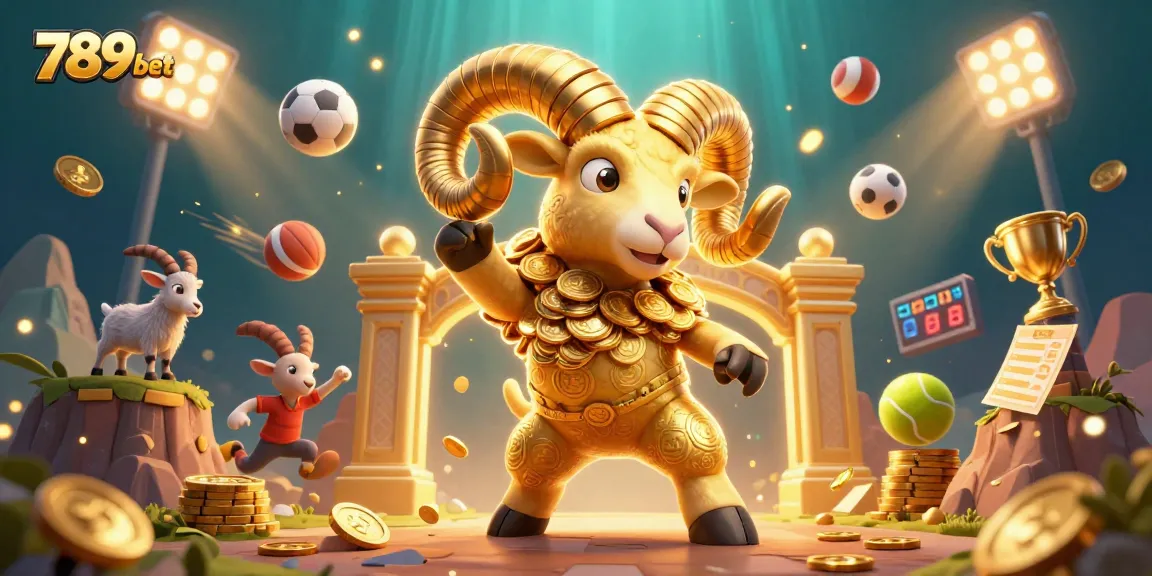 Join 789bet action with a golden ram charging through a vibrant sports-themed casino scene.
