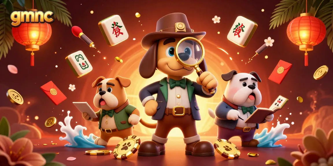 Unravel gambling mysteries with GMNC as a detective bloodhound investigates a poker chip clue in a vibrant casino scene.
